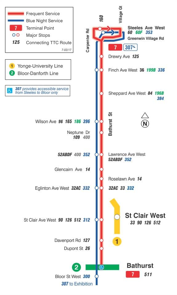 Mapa de TTC 7 Bathurst ruta de autobús Toronto