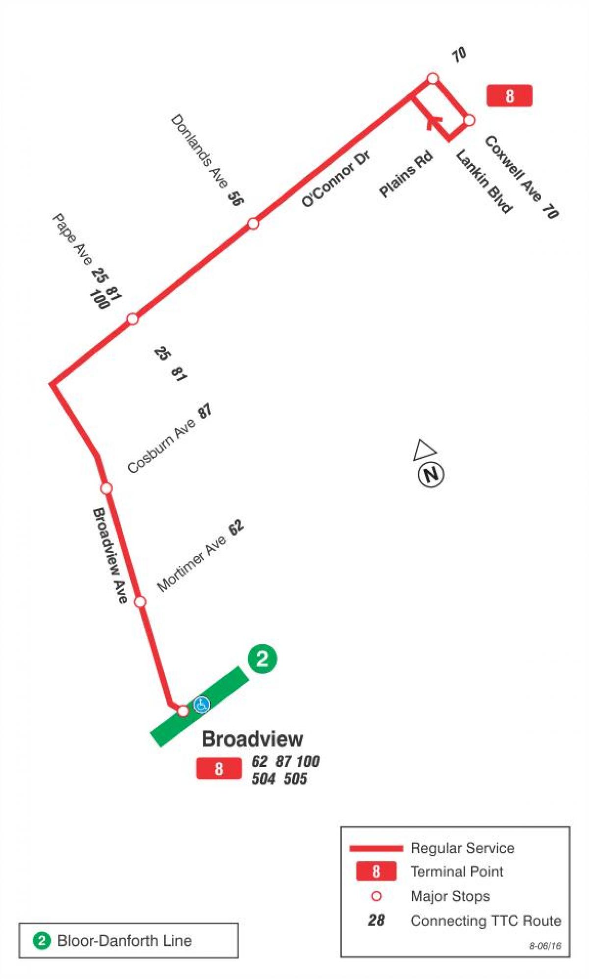 Mapa de TTC 8 Broadview ruta de autobús Toronto