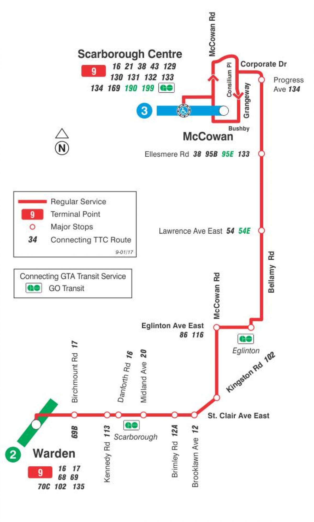Mapa de TTC 9 Bellamy ruta de autobús Toronto
