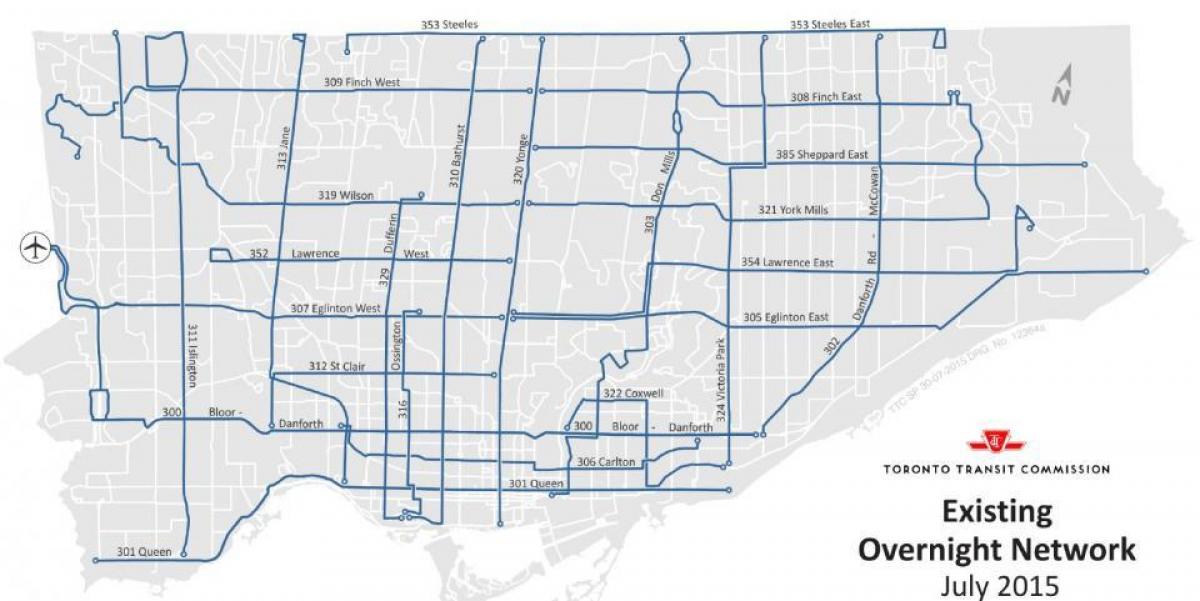 Mapa de TTC durante a noite rede de autobuses