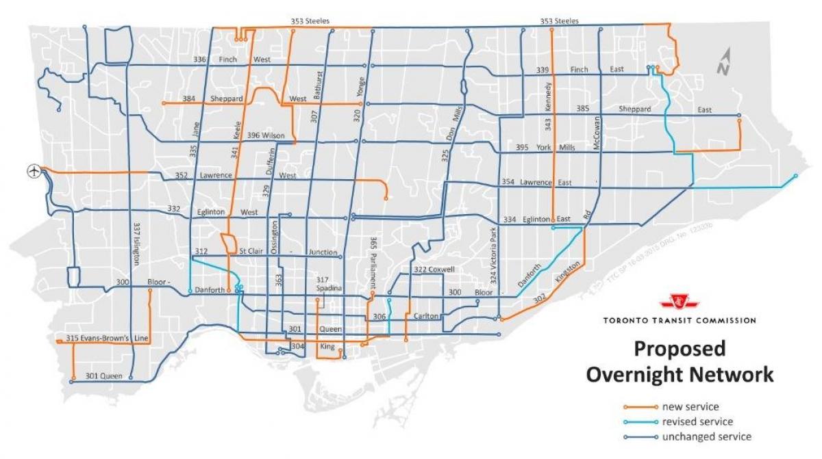 Mapa de TTC durante a noite rede Toronto