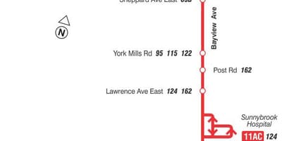 Mapa de TTC 11 Bayview ruta de autobús Toronto