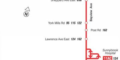Mapa de TTC 11 Bayview ruta de autobús Toronto