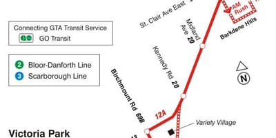 Mapa de TTC 12 Kingston Rd ruta de autobús Toronto
