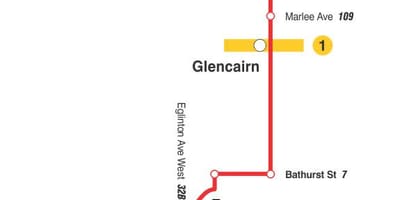 Mapa de TTC 14 Glencairn ruta de autobús Toronto