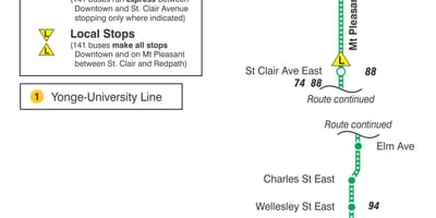Mapa de TTC 141 Centro / Mt Pleasant Expresar ruta de autobús Toronto