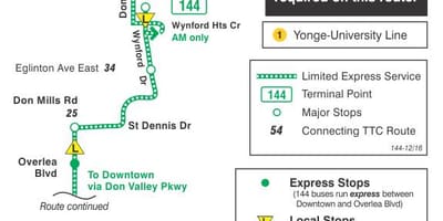 Mapa de TTC 144 Centro / Non Val Expresar ruta de autobús Toronto
