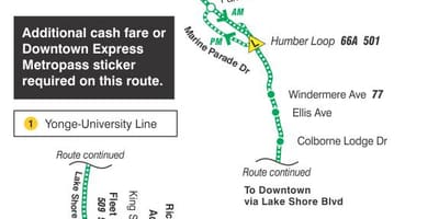 Mapa de TTC 145 Centro / Norte da Baía de Expresar a ruta de autobús Toronto