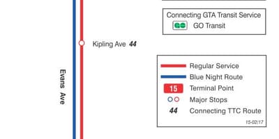 Mapa de TTC 15 Evans ruta de autobús Toronto