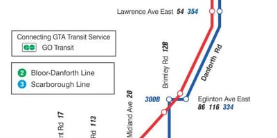 Mapa de TTC 16 McCowan ruta de autobús Toronto