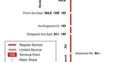 Mapa de TTC 17 Birchmount ruta de autobús Toronto