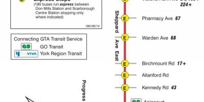 Mapa de TTC 190 Scarborough Centro Foguete ruta de autobús Toronto