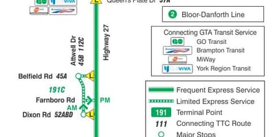 Mapa de TTC 191 Estrada 27 Foguete ruta de autobús Toronto