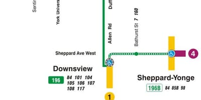 Mapa de TTC 196 Universidade de York Foguete ruta de autobús Toronto