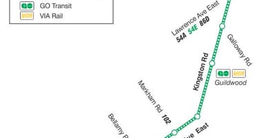 Mapa de TTC 198 U de T Scarborough Foguete ruta de autobús Toronto