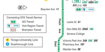 Mapa de TTC 199 Finch Foguete ruta de autobús Toronto