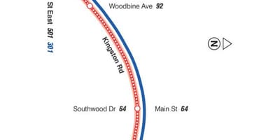 Mapa de TTC 22 Coxwell ruta de autobús Toronto
