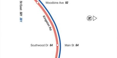 Mapa de TTC 22 Coxwell ruta de autobús Toronto