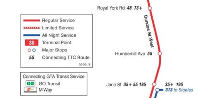 Mapa de TTC 30 Lambton ruta de autobús Toronto