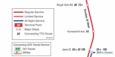 Mapa de TTC 30 Lambton ruta de autobús Toronto