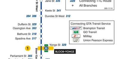 Mapa de TTC 300A Bloor-Danforth ruta de autobús Toronto