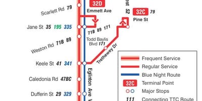 Mapa de TTC 32 Eglinton Oeste ruta de autobús Toronto