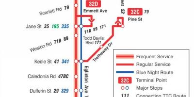 Mapa de TTC 32 Eglinton Oeste ruta de autobús Toronto