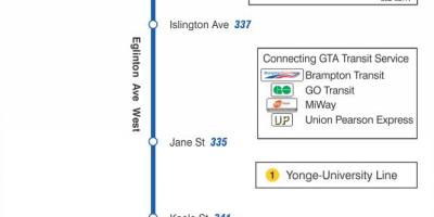 Mapa de TTC 332 Eglinton Oeste ruta de autobús Toronto
