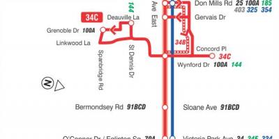 Mapa de TTC 34 Eglinton Leste ruta de autobús Toronto