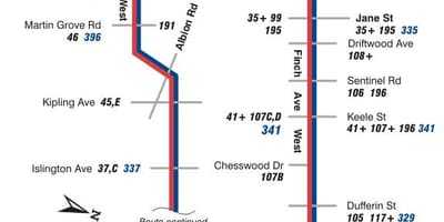 Mapa de TTC 36 Finch Oeste ruta de autobús Toronto