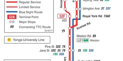 Mapa de TTC 52 Lawrence Oeste ruta de autobús Toronto