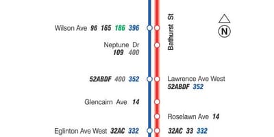 Mapa de TTC 7 Bathurst ruta de autobús Toronto