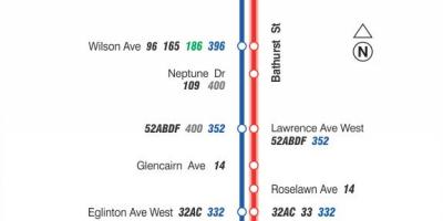 Mapa de TTC 7 Bathurst ruta de autobús Toronto