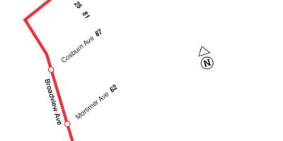 Mapa de TTC 8 Broadview ruta de autobús Toronto