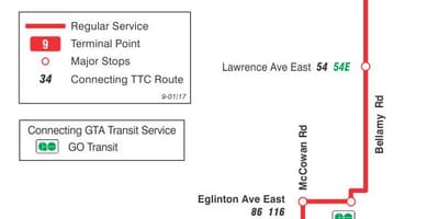 Mapa de TTC 9 Bellamy ruta de autobús Toronto