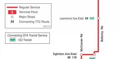 Mapa de TTC 9 Bellamy ruta de autobús Toronto